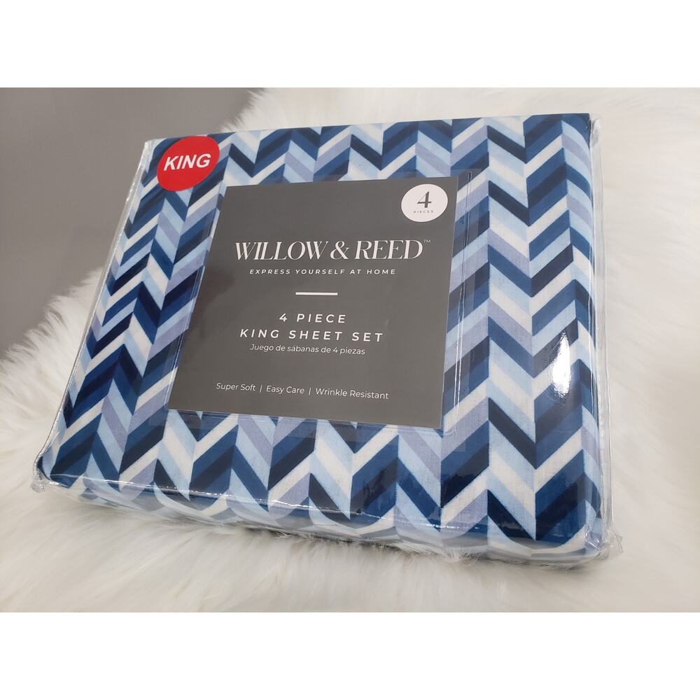 NEW Blue Herringbone Chevron King SHEET SET 4 piece flat fitted boy bedroom men